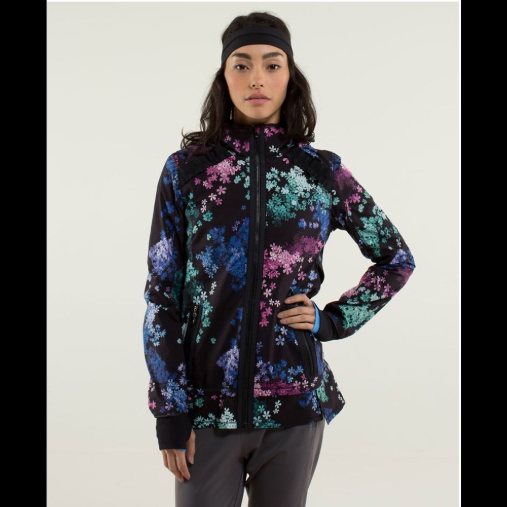 lululemon athletica Black Floral Zip-Up Jacket with Teal Blue Purple Accents